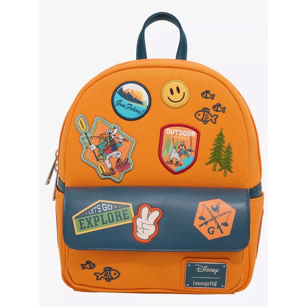 Loungefly Disney Goofy Outdoor Adventures Mini Backpack Orange Canvas New Patch